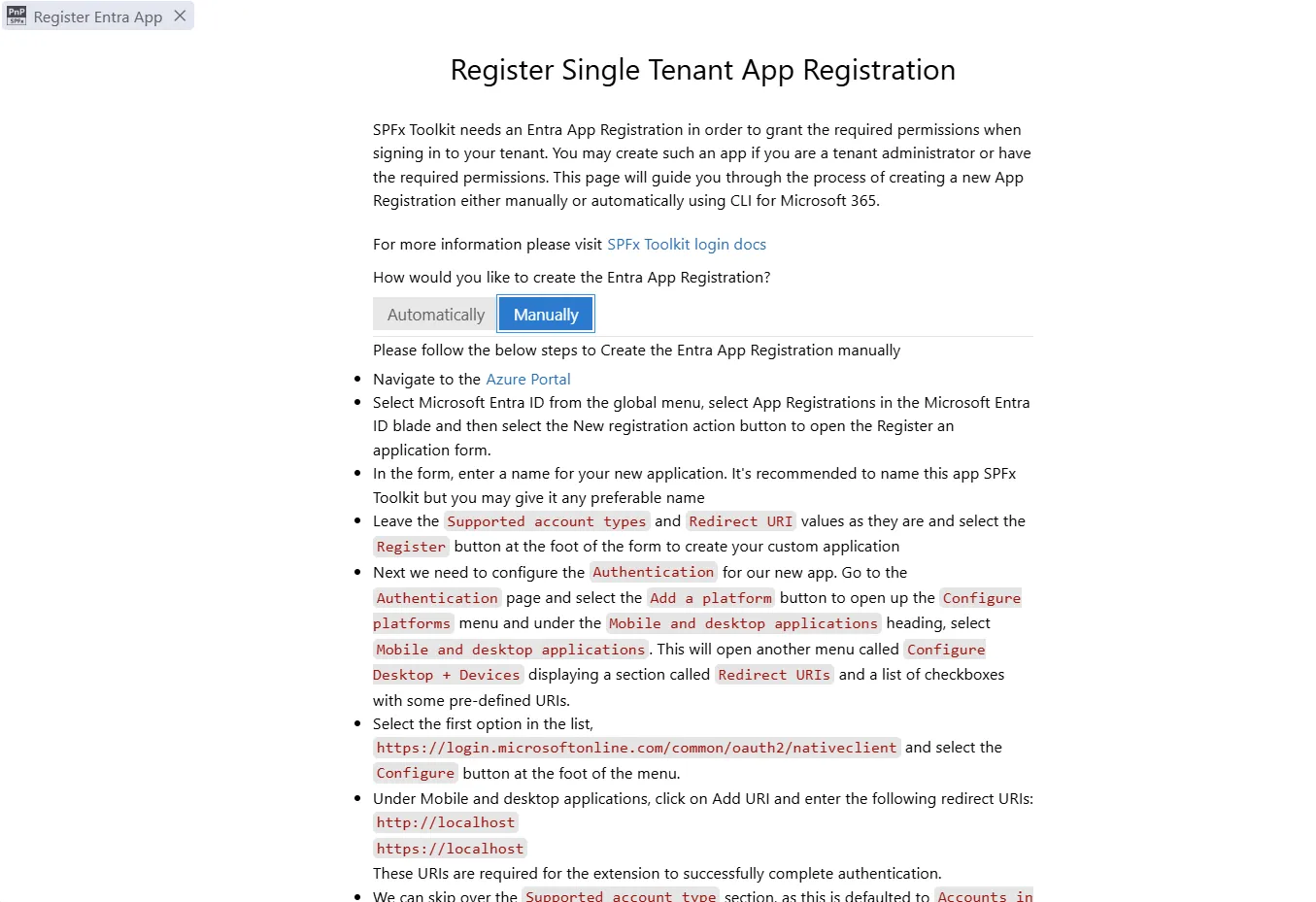 entra app reg manual form